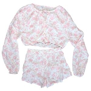 Salty Lemon Medium 2 Piece White Pink Lounge Sleep Set Long Sleeve Shorts Floral